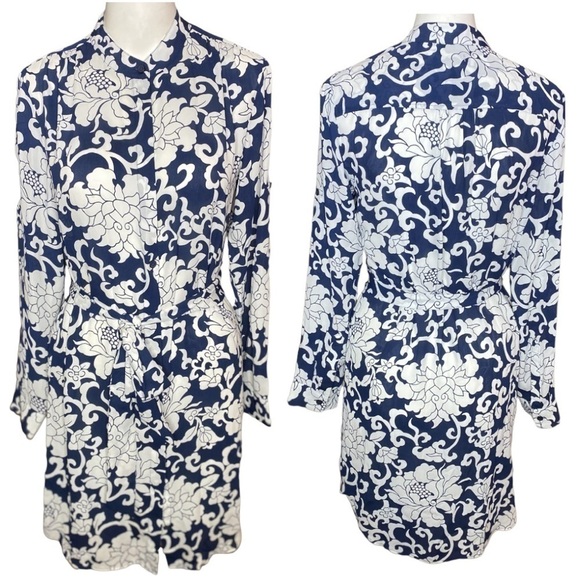 Banana Republic Navy Blue White Floral Tie Waist Dress Long Sleeve size 2 - Picture 1 of 12